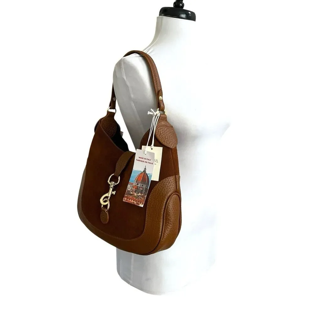 Isadora Italy Crescent Hobo Bag Brown Suede Leather Equestrian Preppy Heritage